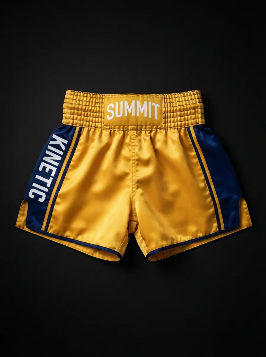 Gold and Blue Summit custom Muay Thai shorts product shot