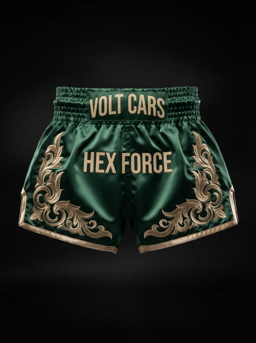 Forest Gold Ornate custom Muay Thai shorts product shot