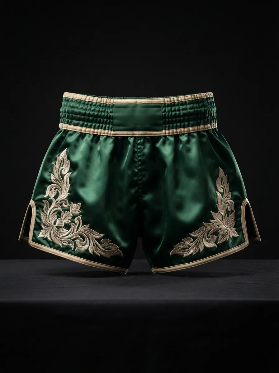 Deep Green Filigree custom Muay Thai shorts product shot
