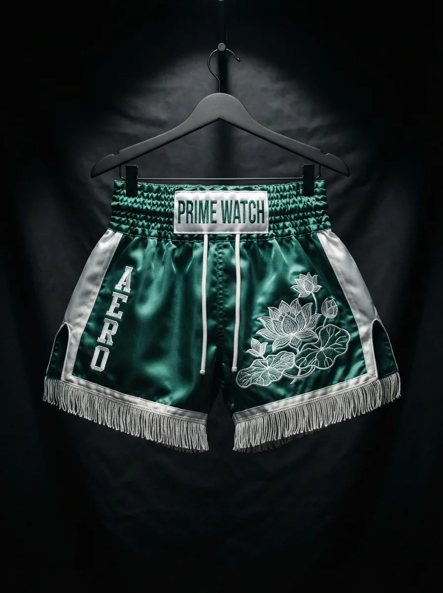 Jade White Fringe custom Muay Thai shorts product shot