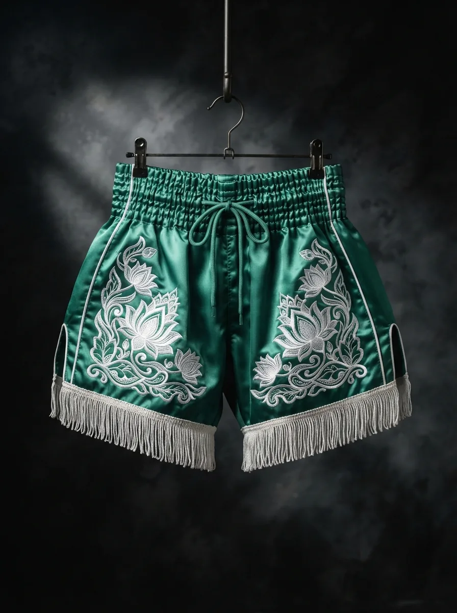 Jade Lotus Fringe custom Muay Thai shorts product shot