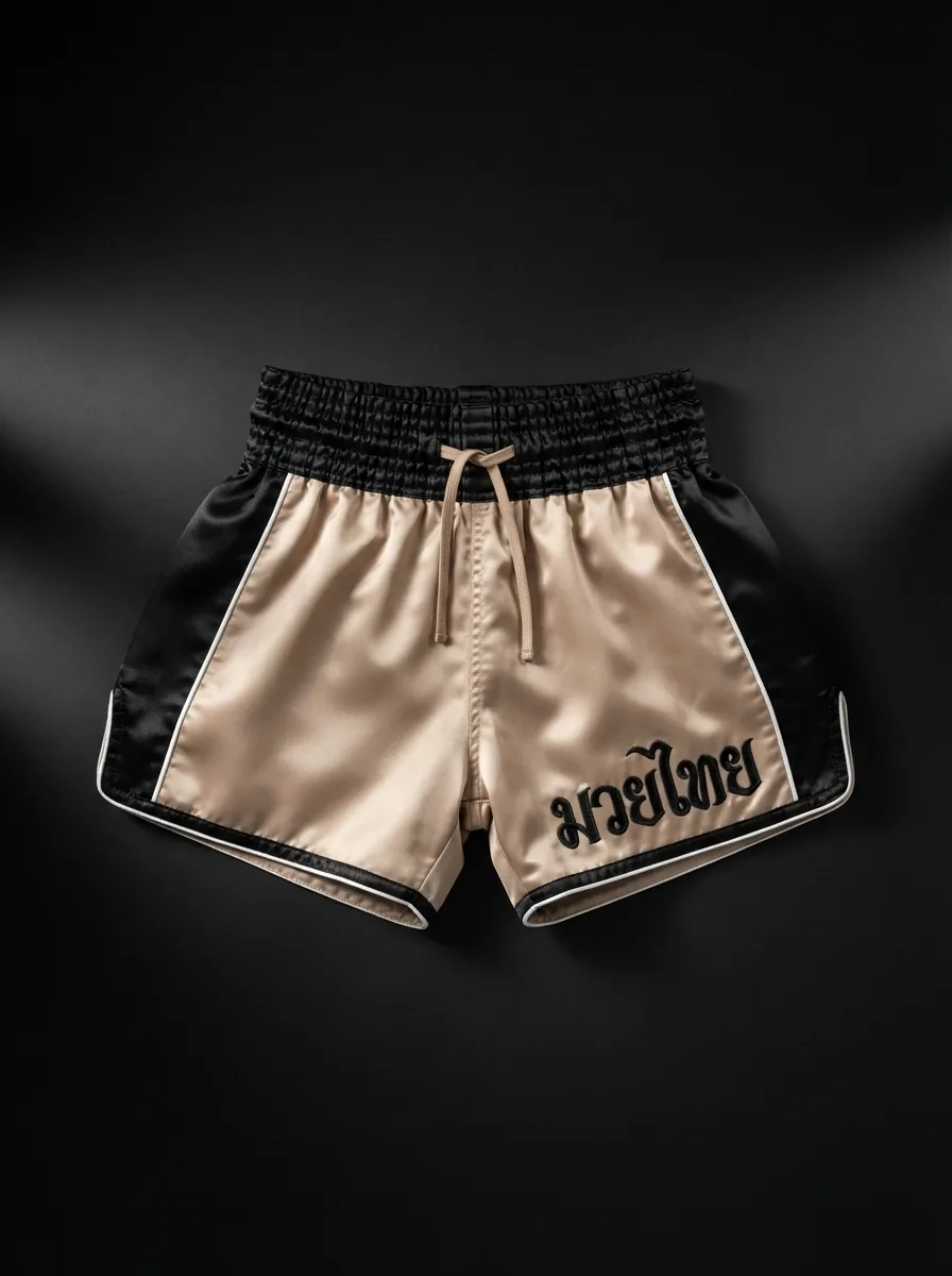 Champagne and Black custom Muay Thai shorts product shot