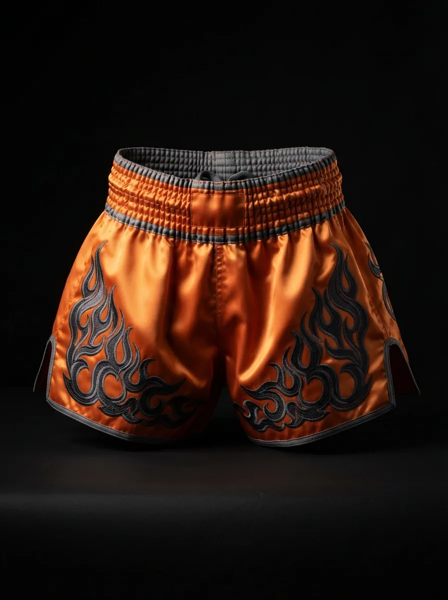 Orange Tribal custom Muay Thai shorts product shot