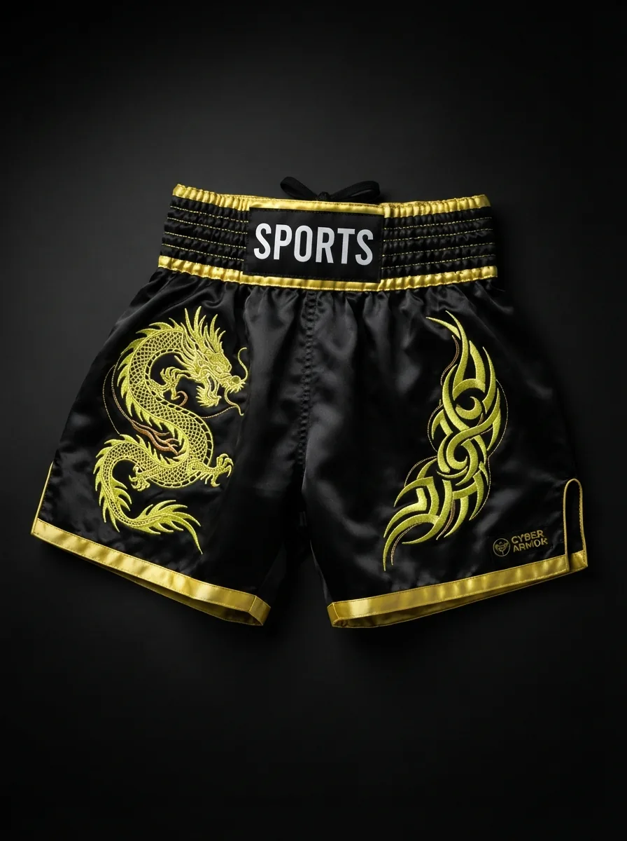 Black and Gold Dragon custom Muay Thai shorts product shot