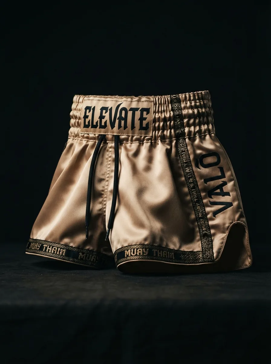 Bronze Elevate custom Muay Thai shorts product shot