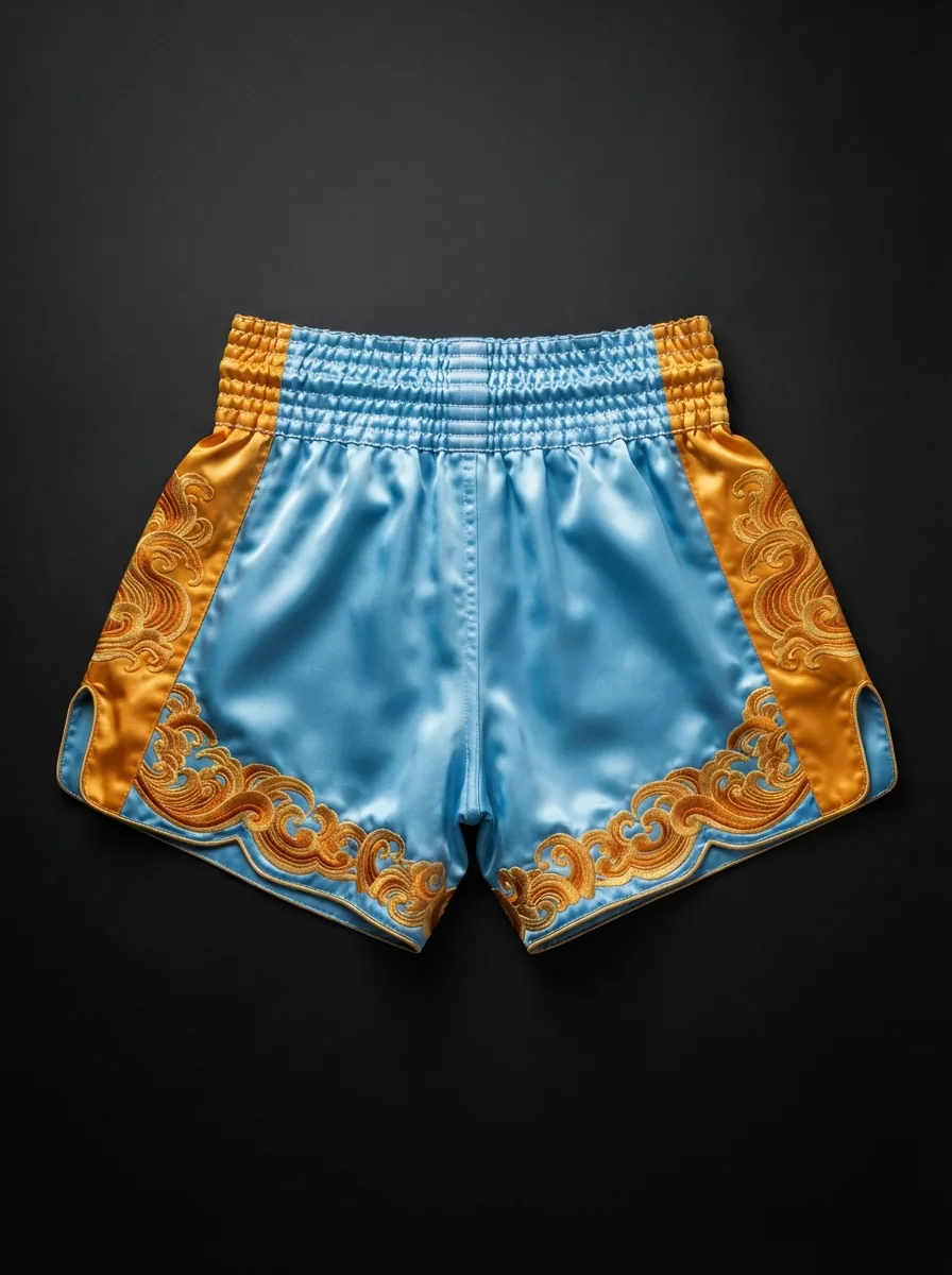 Sky Blue and Gold custom Muay Thai shorts product shot