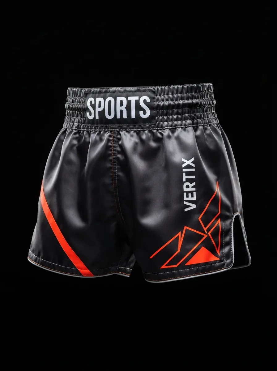 Charcoal and Red custom Muay Thai shorts product shot