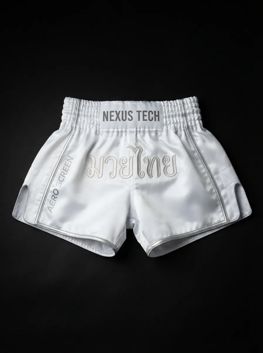 Arctic White custom Muay Thai shorts product shot