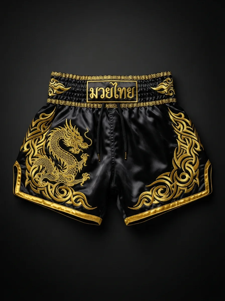 Gold Dragon Black custom Muay Thai shorts product shot