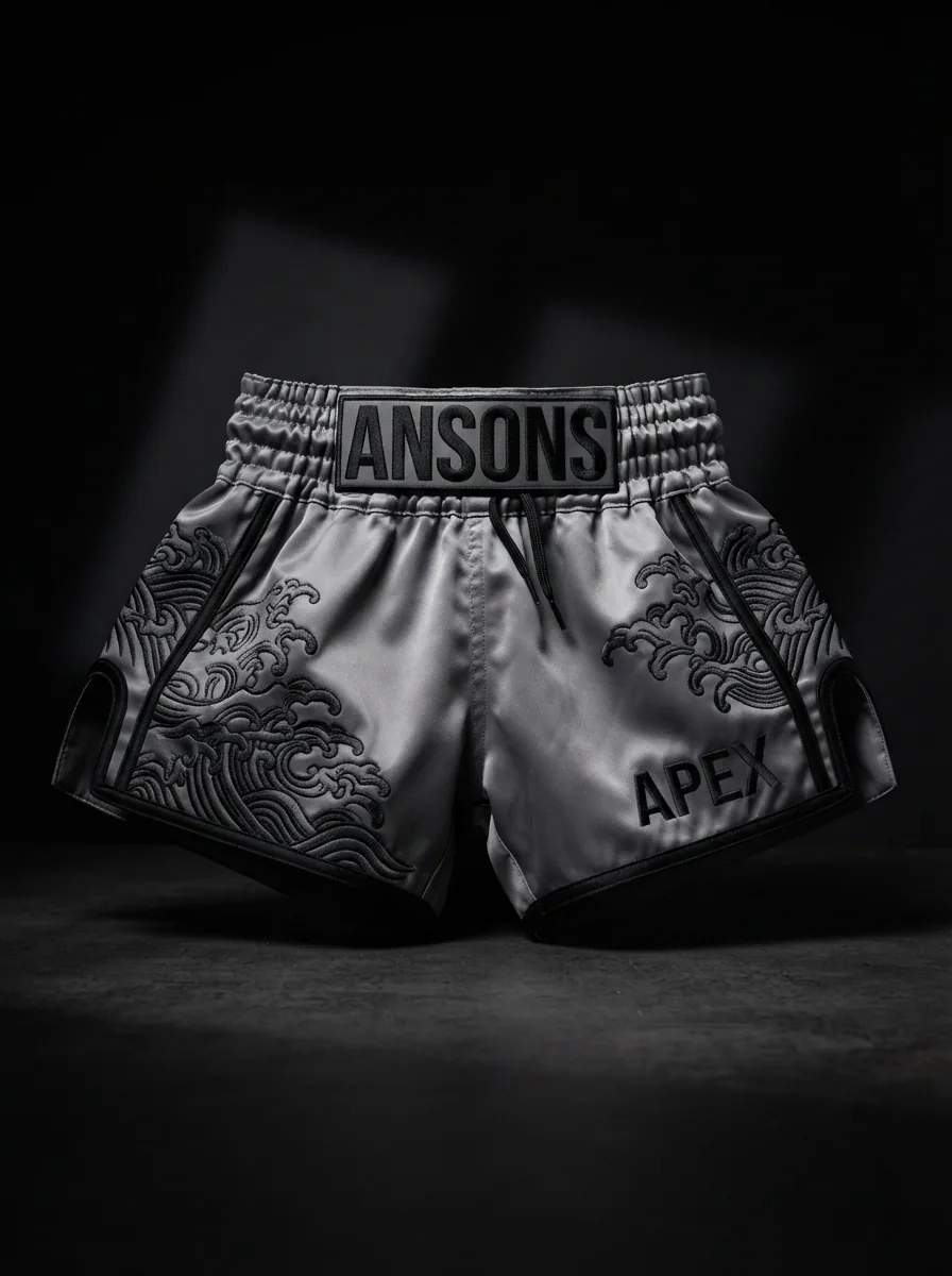 Silver Filigree custom Muay Thai shorts product shot
