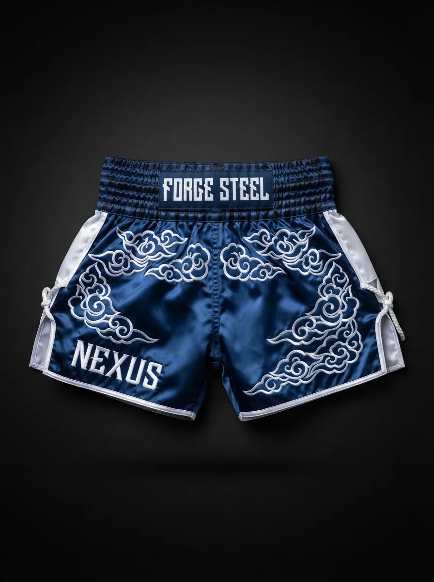 Navy Forge Pattern custom Muay Thai shorts product shot
