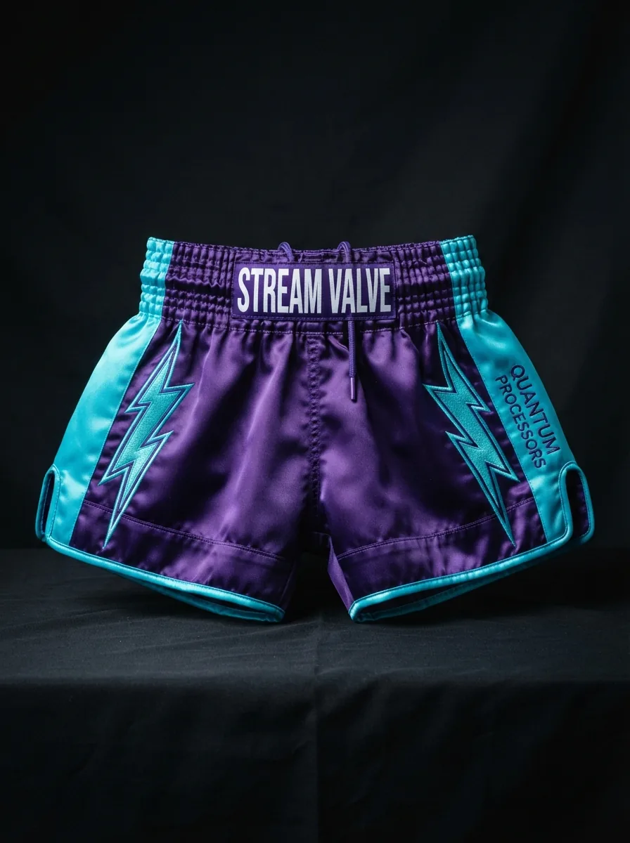 Purple and Teal custom Muay Thai shorts product shot