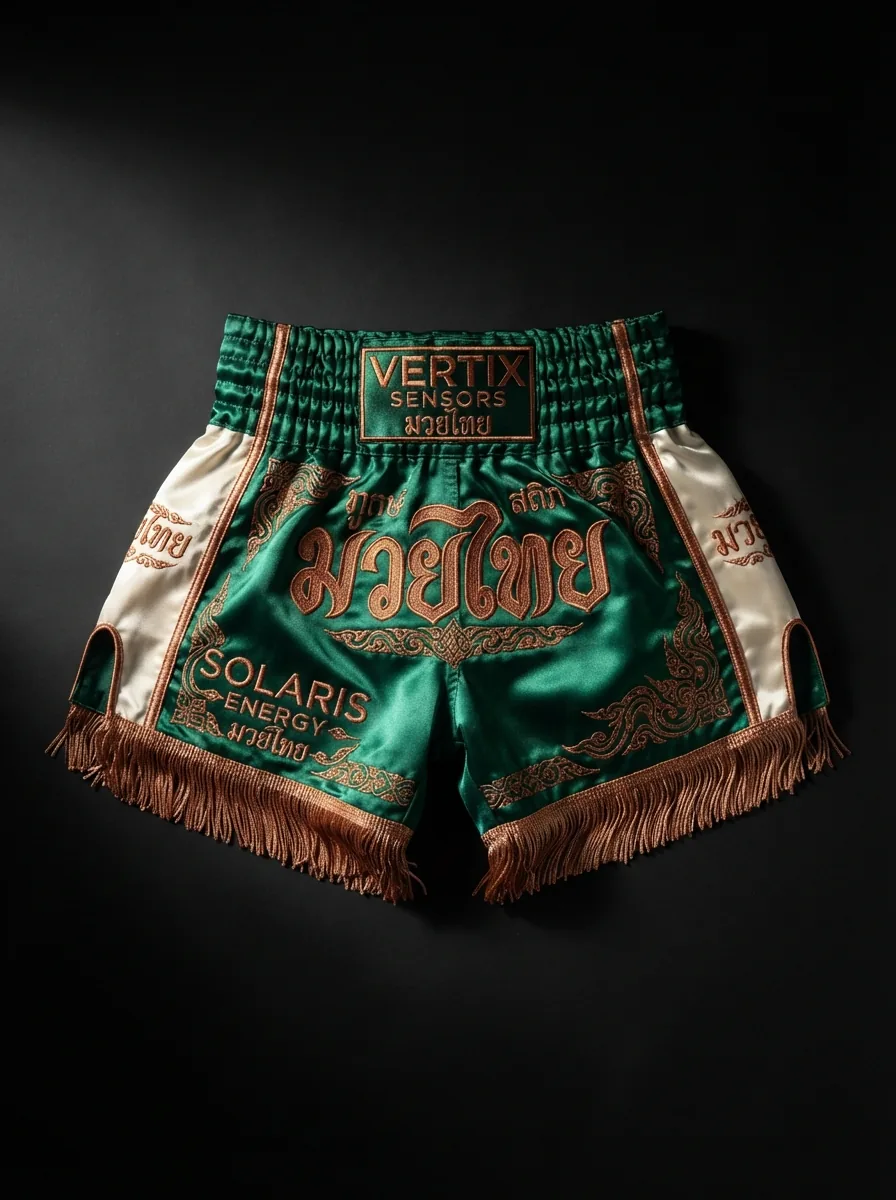 Green Gold Vertix custom Muay Thai shorts product shot