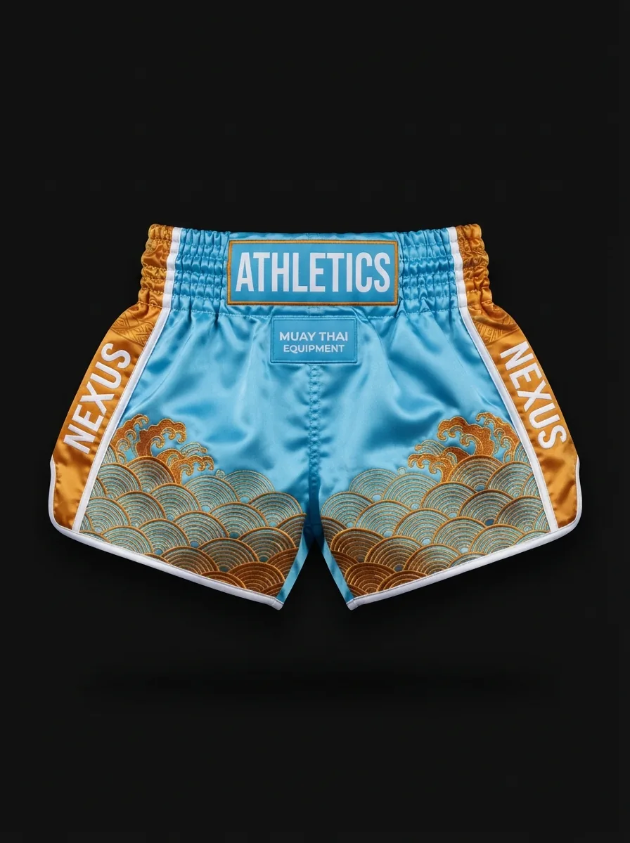Sky and Copper custom Muay Thai shorts product shot