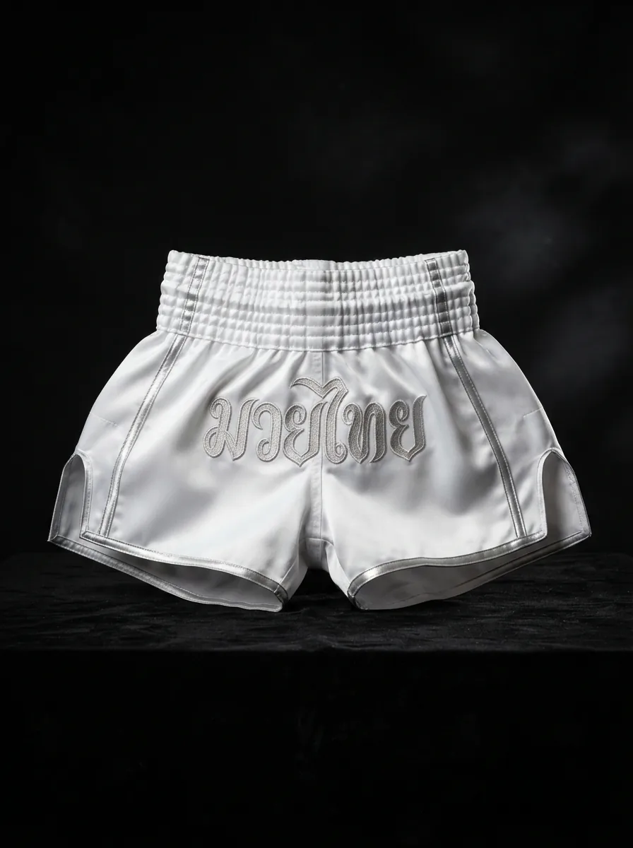 Pure White Satin custom Muay Thai shorts product shot