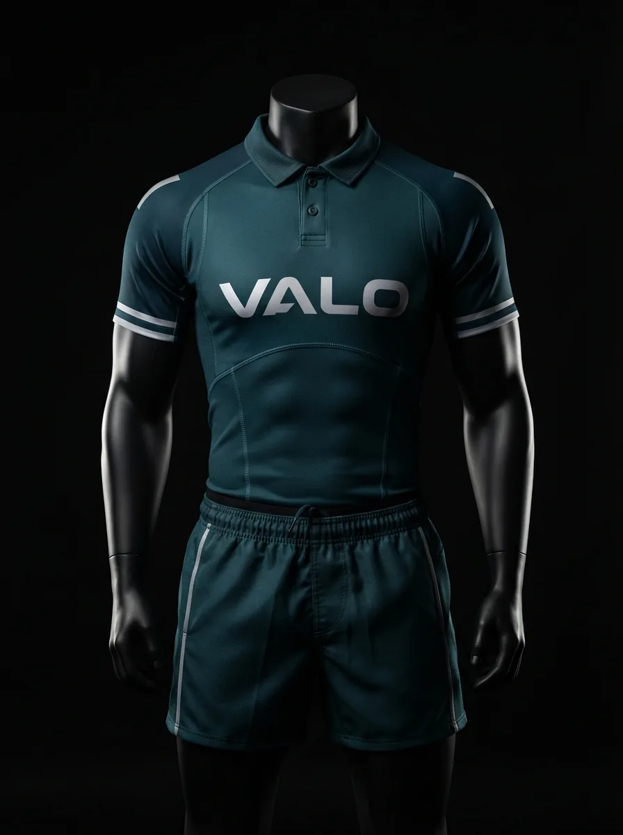 Forest Teal custom rugby uniform jersey and shorts on a mannequin