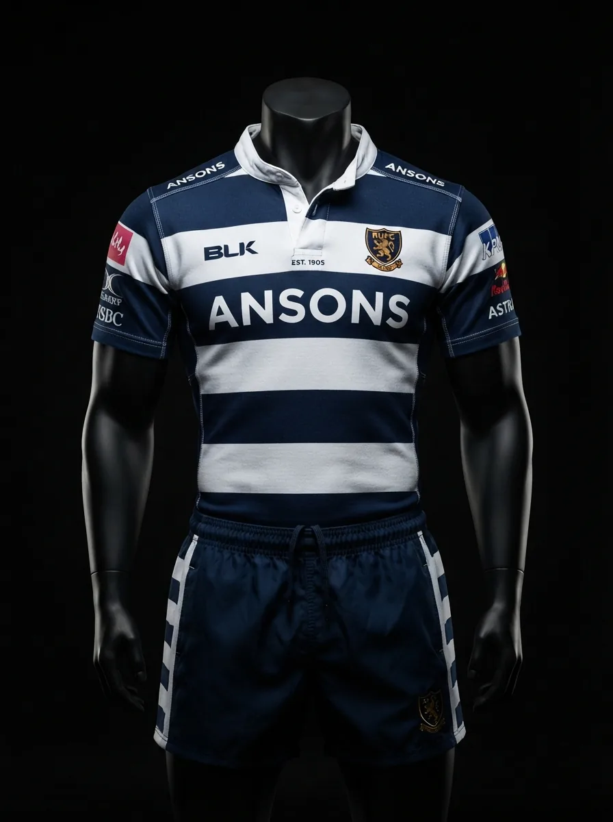 Navy and White Hoops custom rugby uniform jersey and shorts on a mannequin