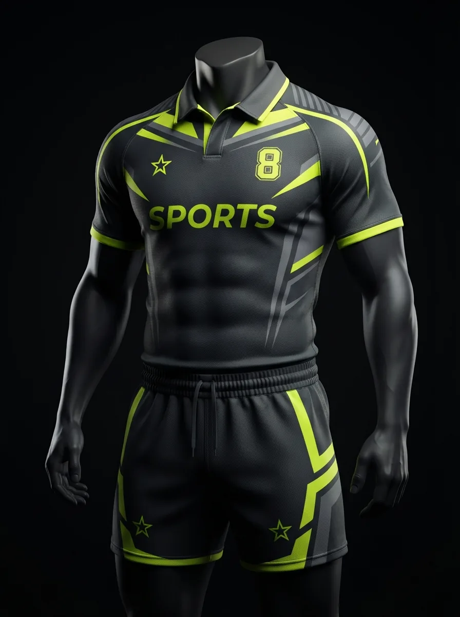 Volt Lime custom rugby uniform jersey and shorts on a mannequin