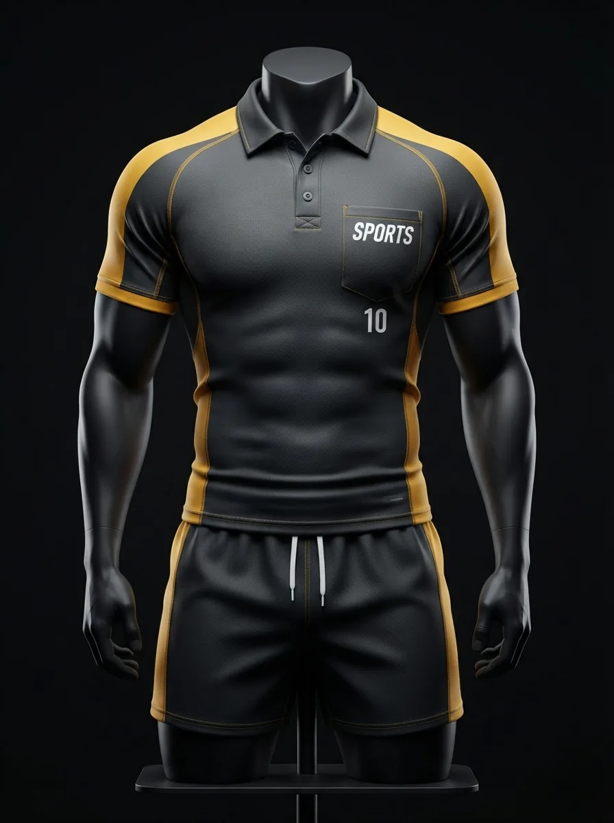 Graphite and Gold custom rugby uniform jersey and shorts on a mannequin