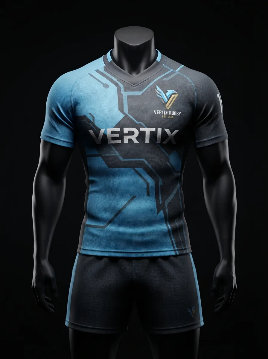 Cyan Circuit custom rugby uniform jersey and shorts on a mannequin