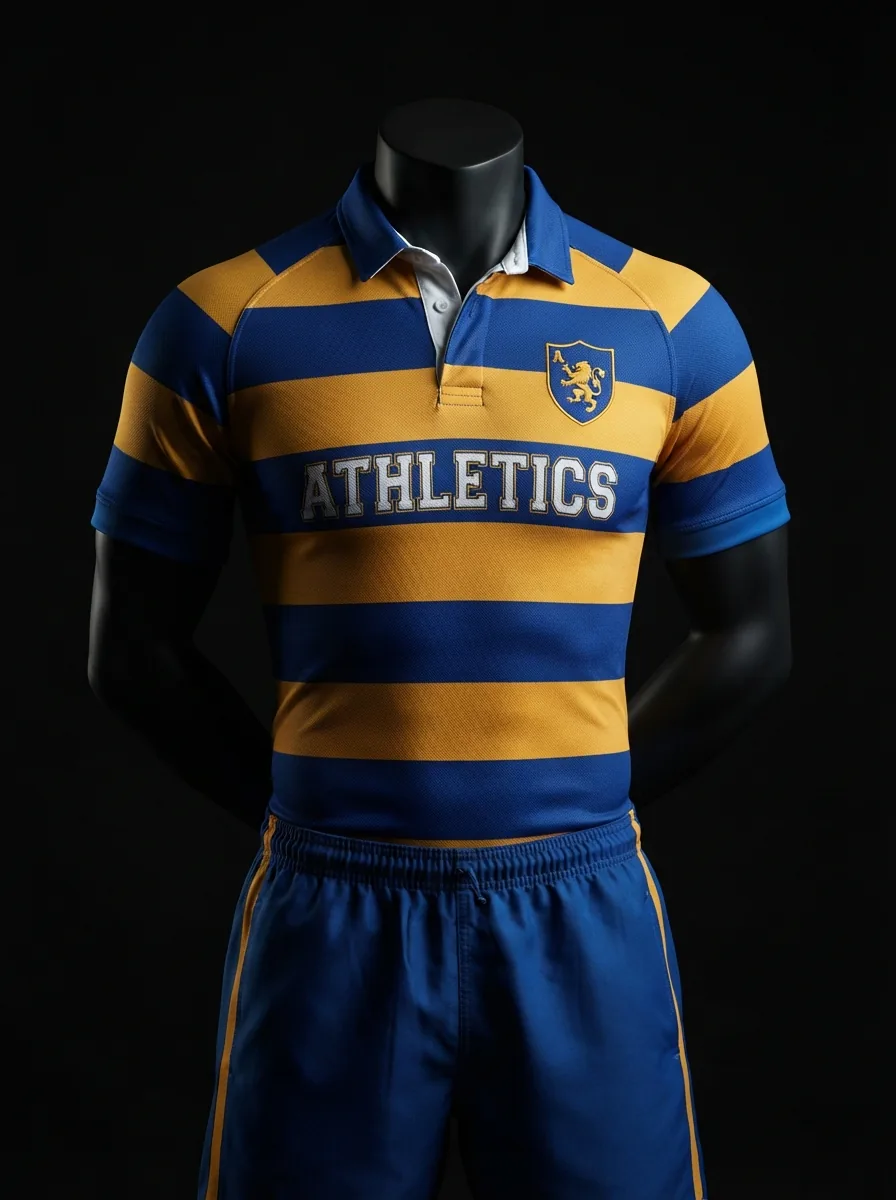 Blue and Gold Hoops custom rugby uniform jersey and shorts on a mannequin