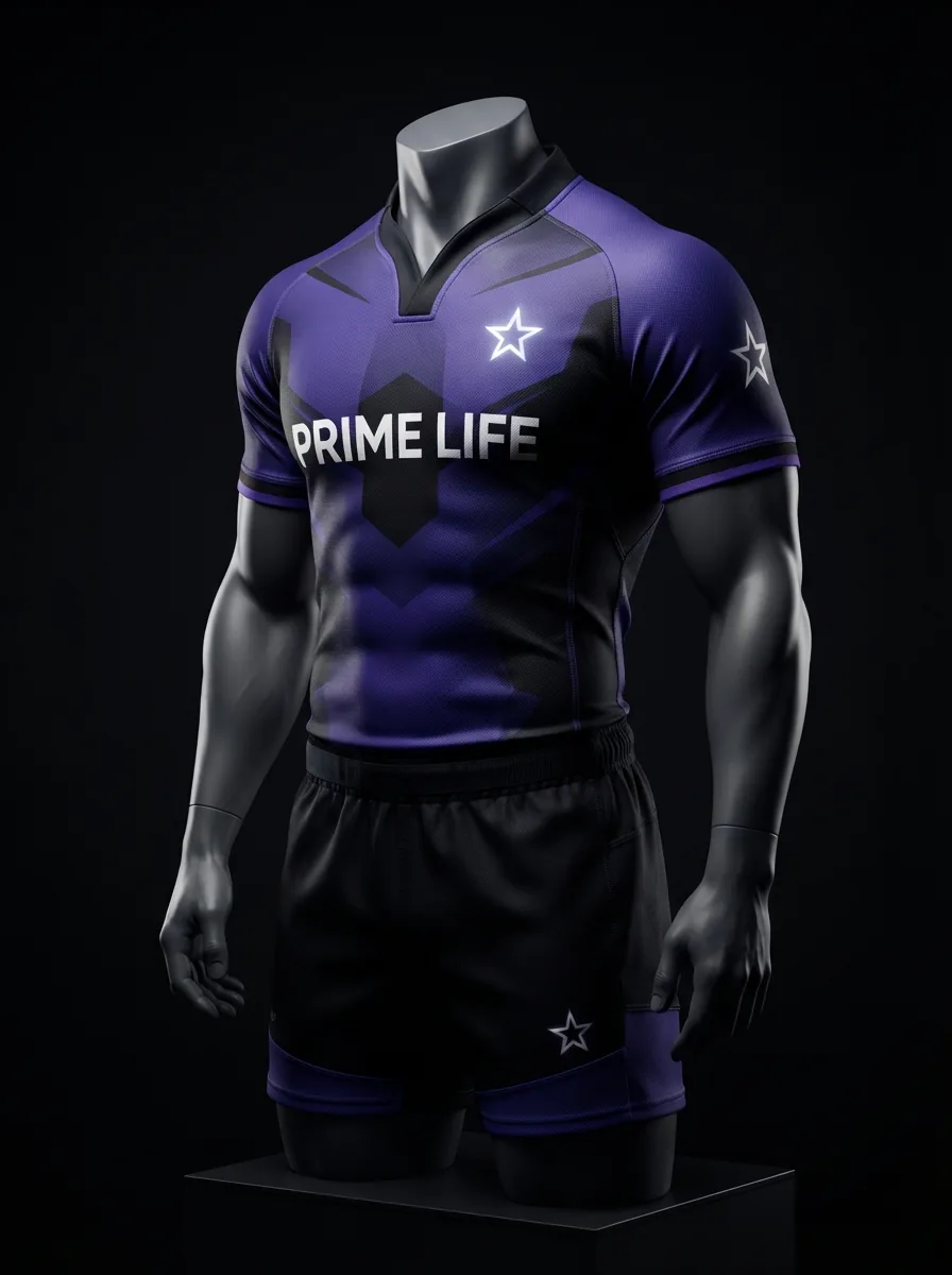 Violet Prime custom rugby uniform jersey and shorts on a mannequin
