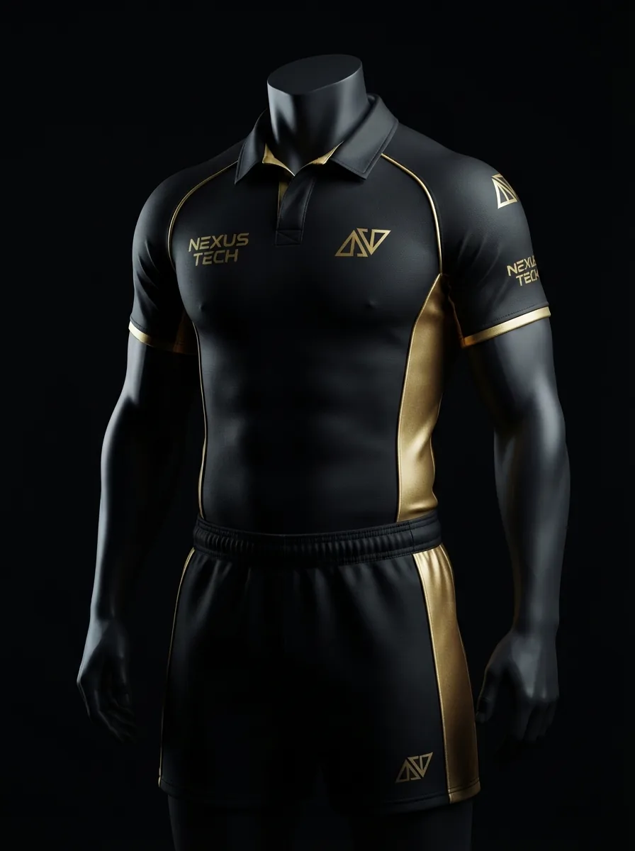 Black and Gold custom rugby uniform jersey and shorts on a mannequin