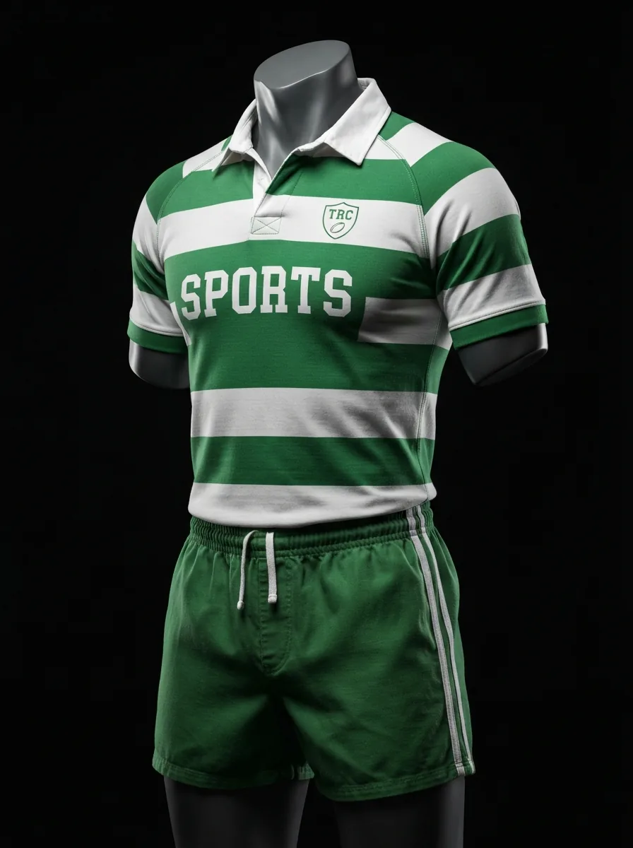 Emerald Hoops custom rugby uniform jersey and shorts on a mannequin