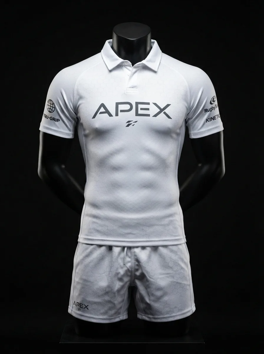 Arctic White custom rugby uniform jersey and shorts on a mannequin
