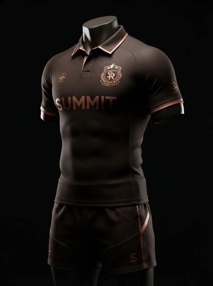 Chocolate Copper custom rugby uniform jersey and shorts on a mannequin