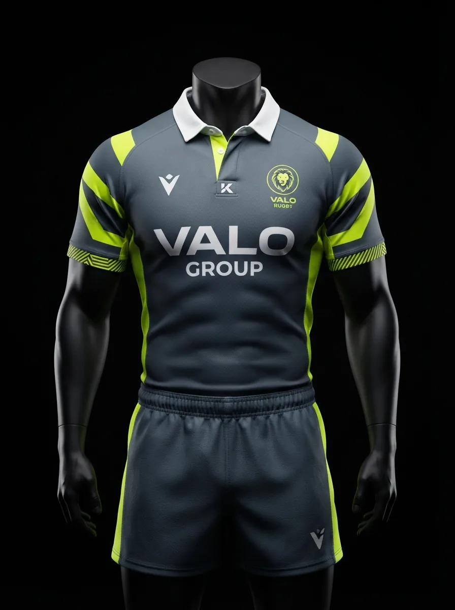 Slate and Volt custom rugby uniform jersey and shorts on a mannequin