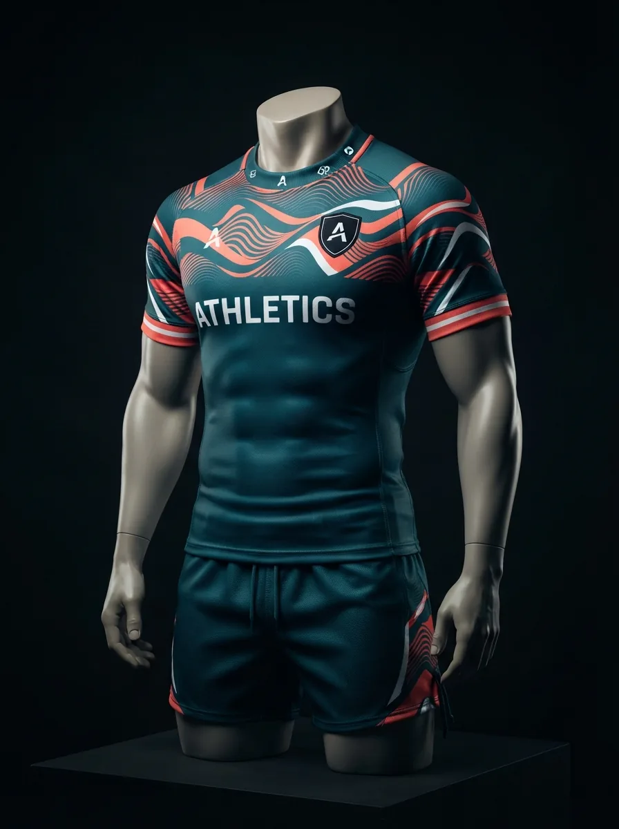Teal Coral Wave custom rugby uniform jersey and shorts on a mannequin
