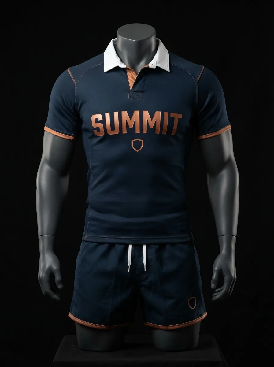 Navy and Orange custom rugby uniform jersey and shorts on a mannequin
