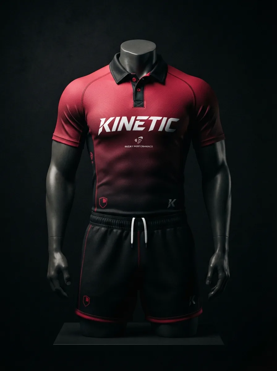Crimson Fade custom rugby uniform jersey and shorts on a mannequin
