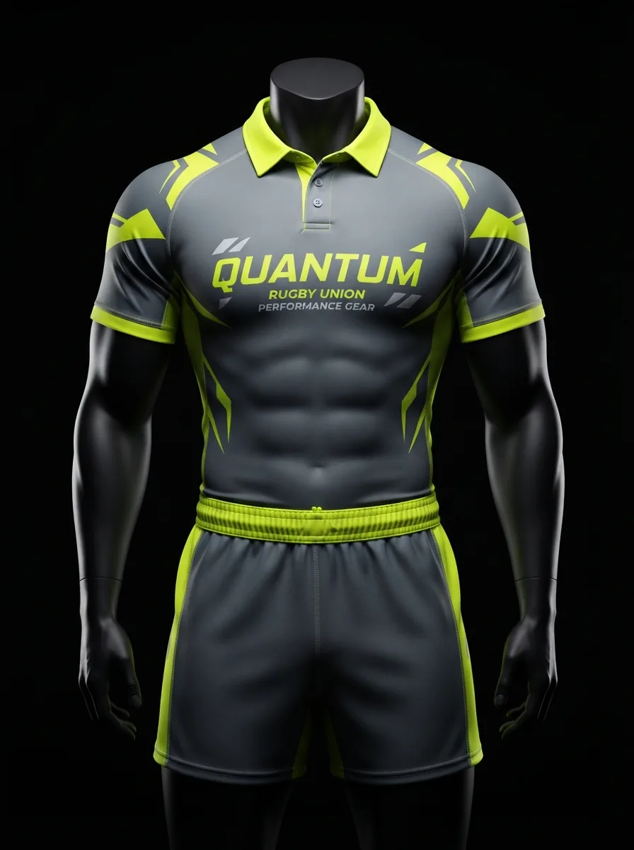 Quantum Volt custom rugby uniform jersey and shorts on a mannequin