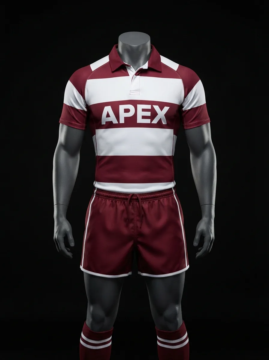 Maroon and White Hoops custom rugby uniform jersey and shorts on a mannequin