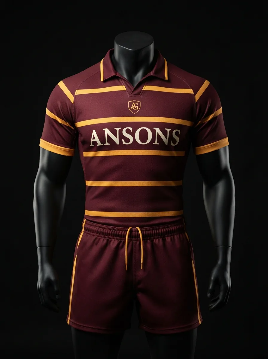 Maroon and Gold custom rugby uniform jersey and shorts on a mannequin