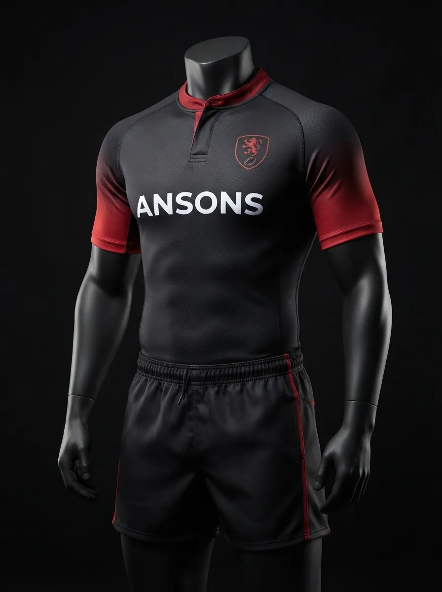Charcoal and Red custom rugby uniform jersey and shorts on a mannequin