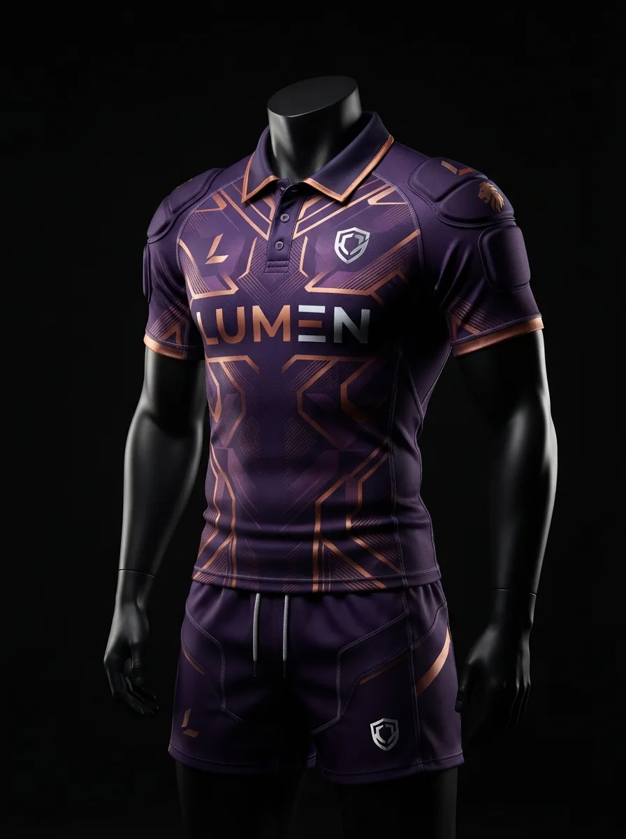 Purple Lumen custom rugby uniform jersey and shorts on a mannequin