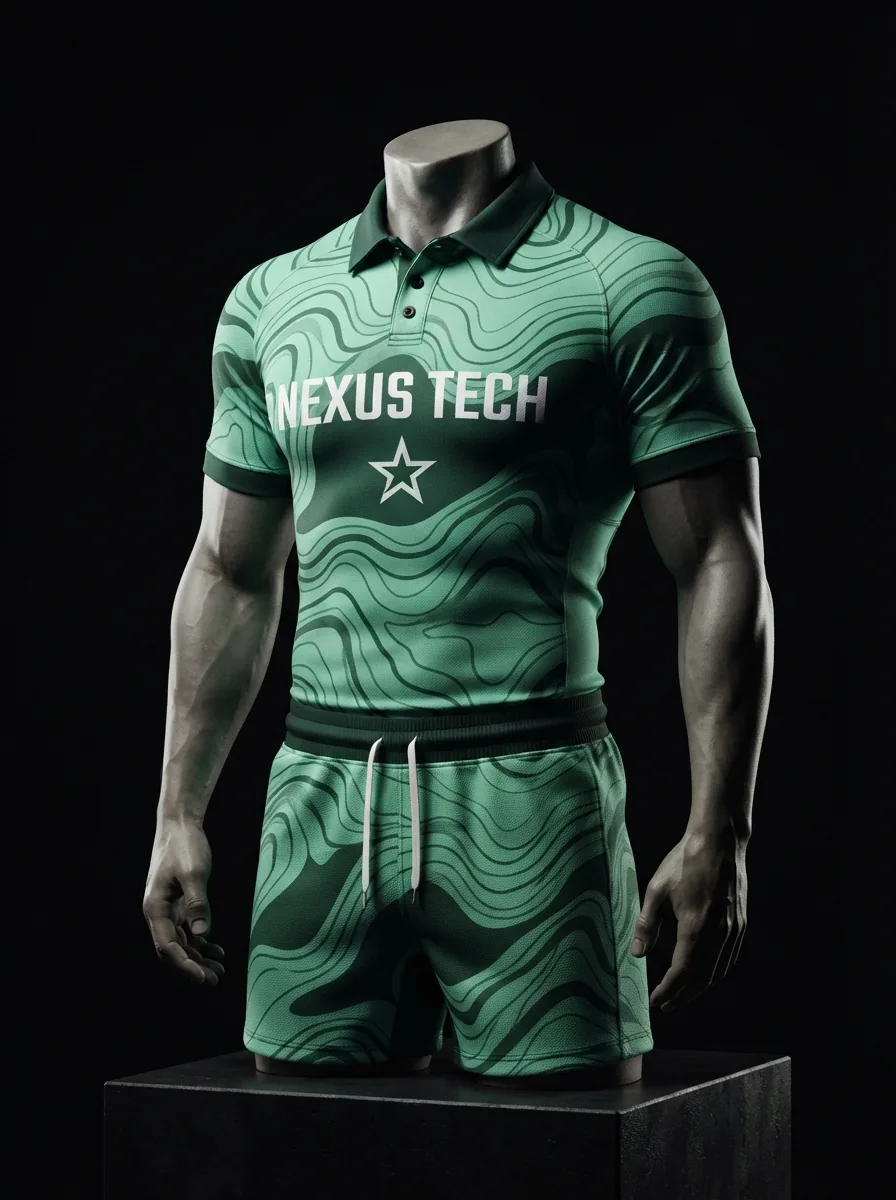 Jade Contour custom rugby uniform jersey and shorts on a mannequin