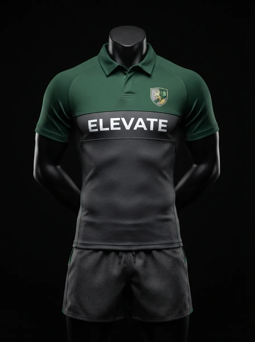 Forest and Grey custom rugby uniform jersey and shorts on a mannequin