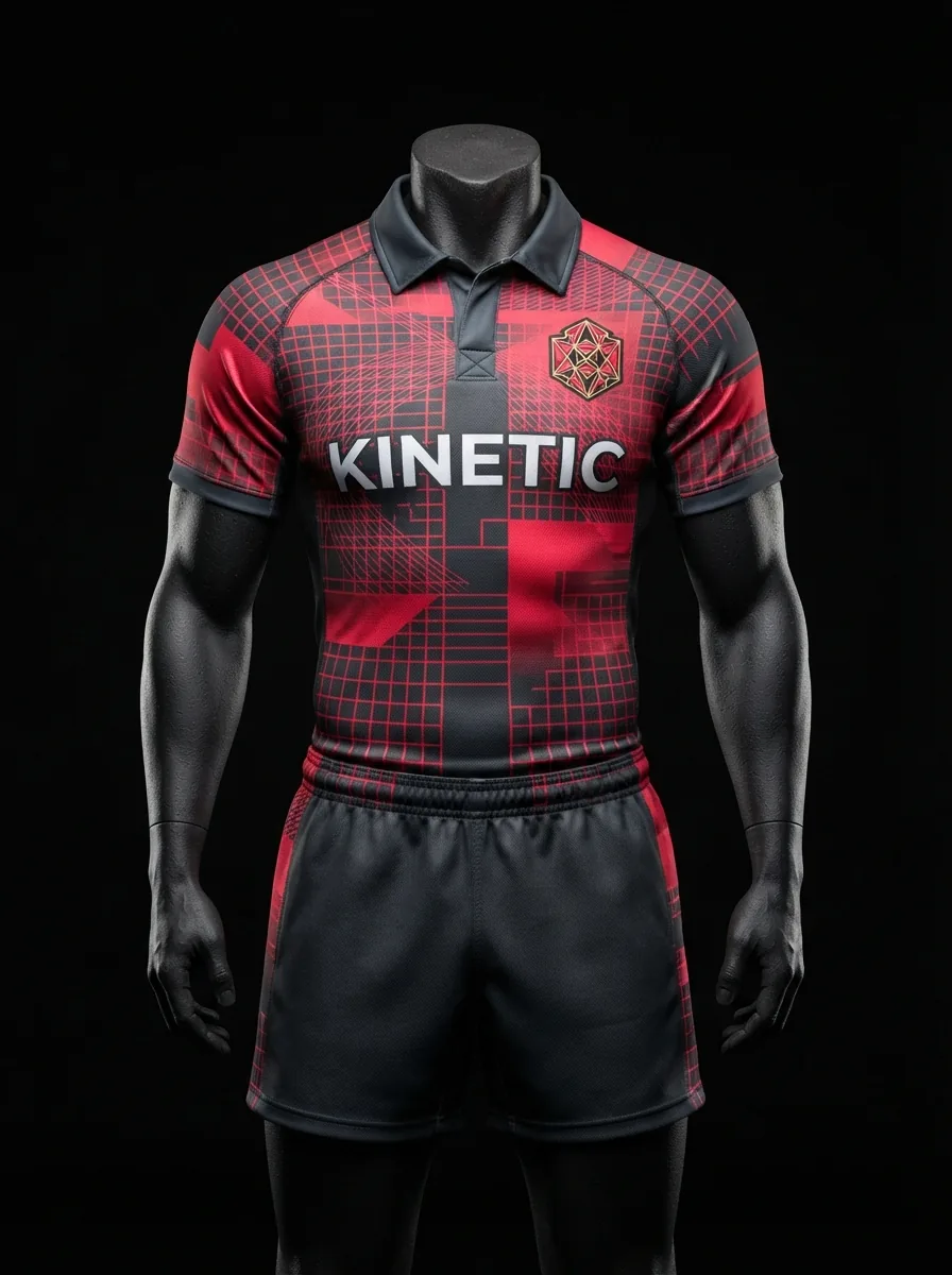 Crimson Check custom rugby uniform jersey and shorts on a mannequin