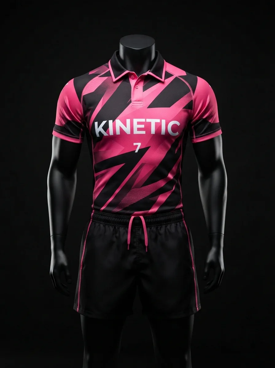 Magenta Strike custom rugby uniform jersey and shorts on a mannequin