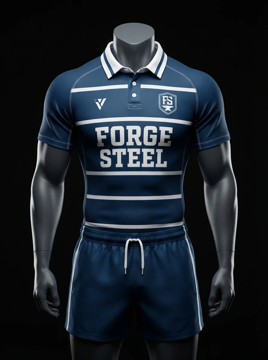 Navy Steel Stripes custom rugby uniform jersey and shorts on a mannequin