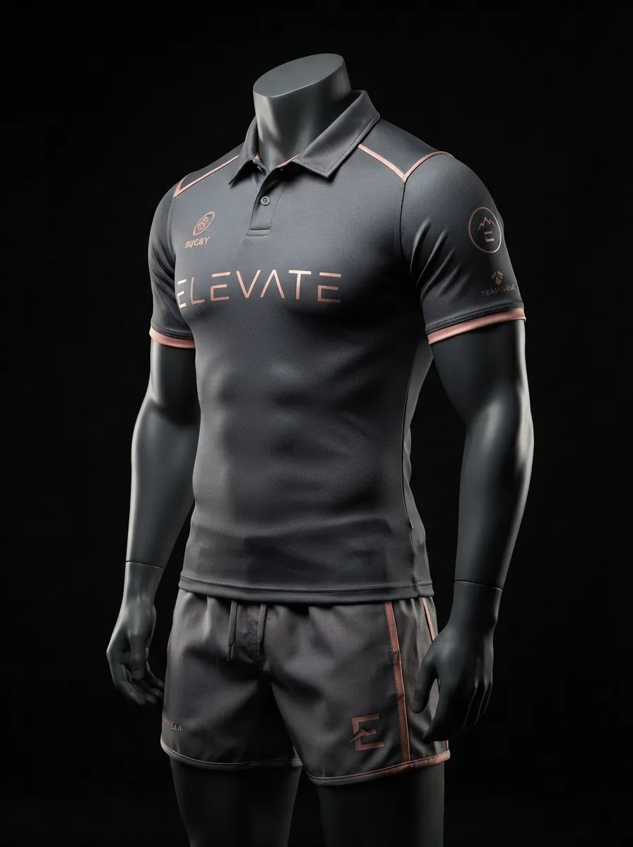 Graphite Copper custom rugby uniform jersey and shorts on a mannequin