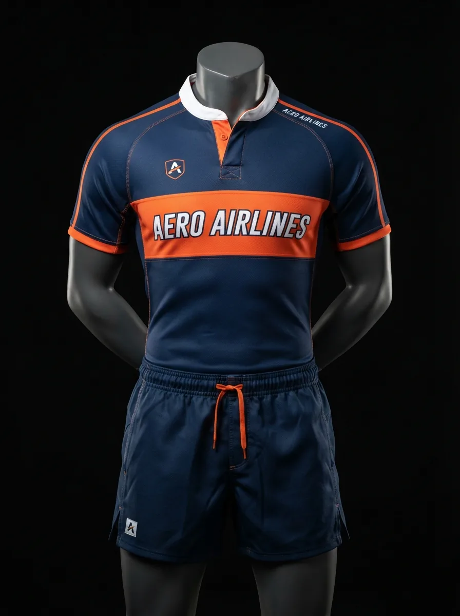 Navy Orange Band custom rugby uniform jersey and shorts on a mannequin