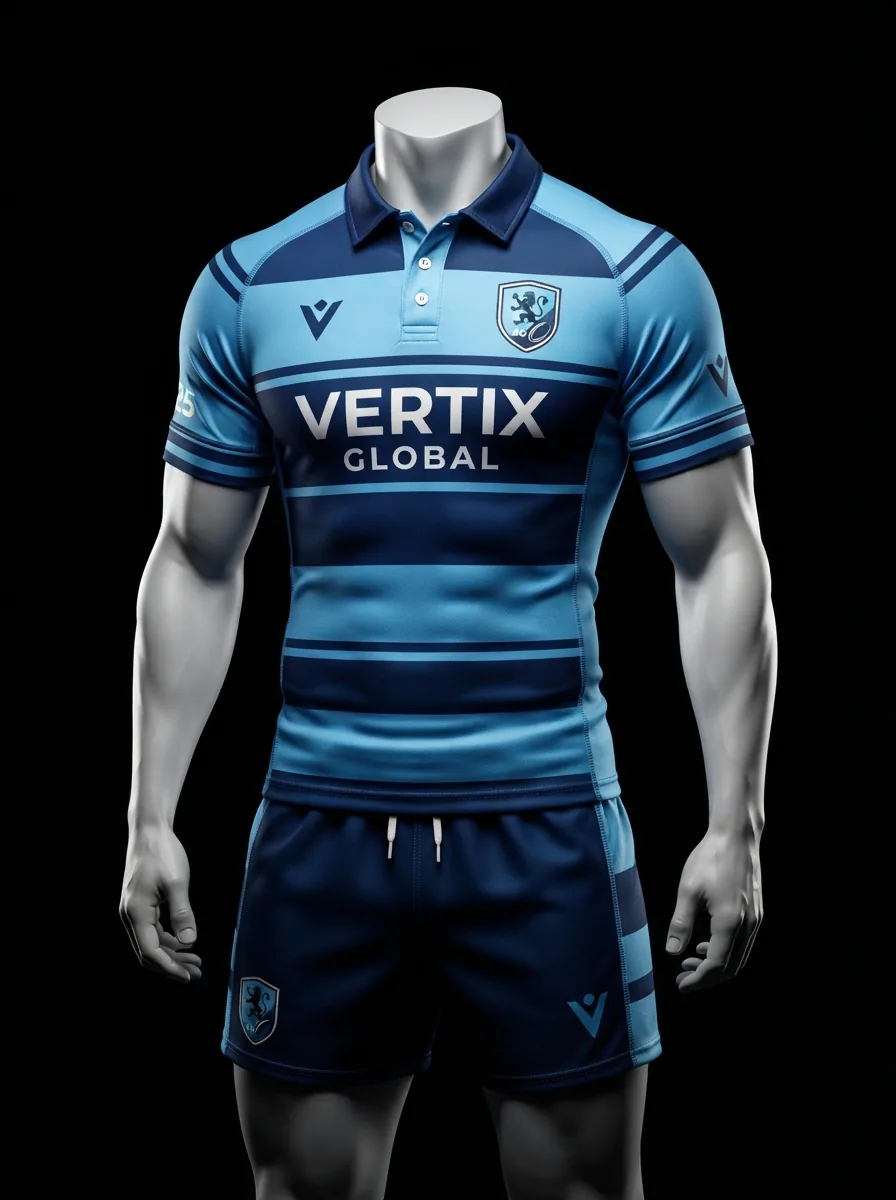 Sky Blue Fade custom rugby uniform jersey and shorts on a mannequin
