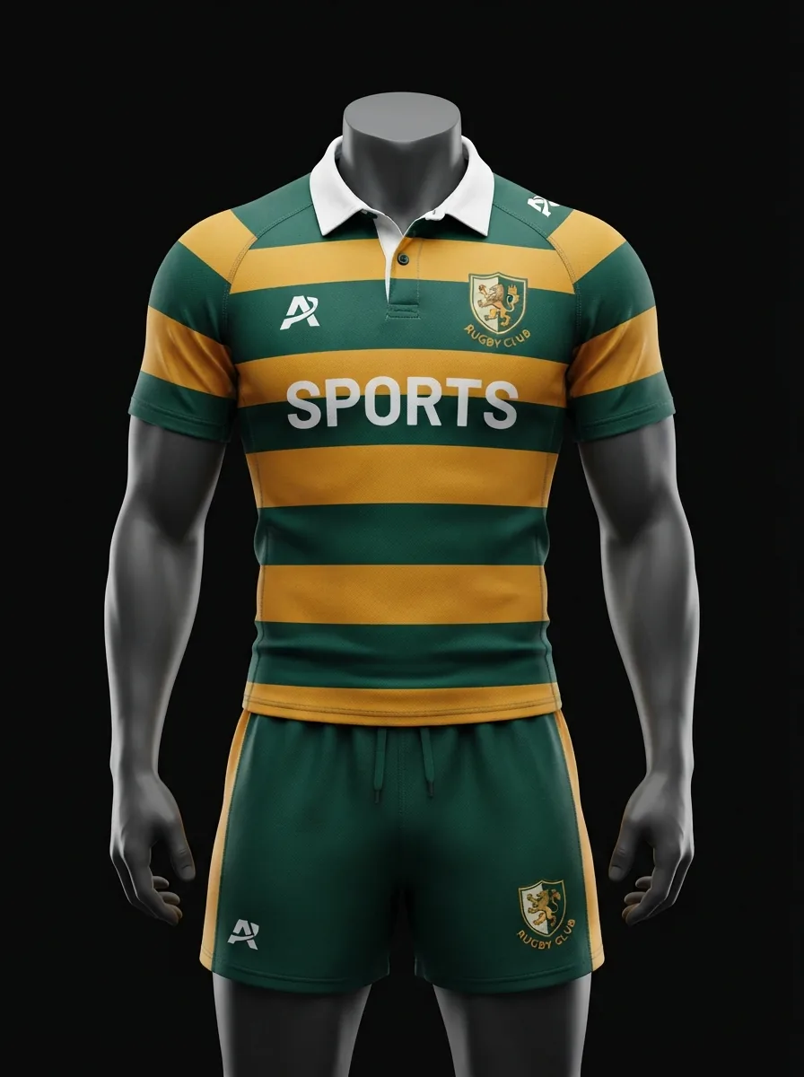 Green and Gold Hoops custom rugby uniform jersey and shorts on a mannequin
