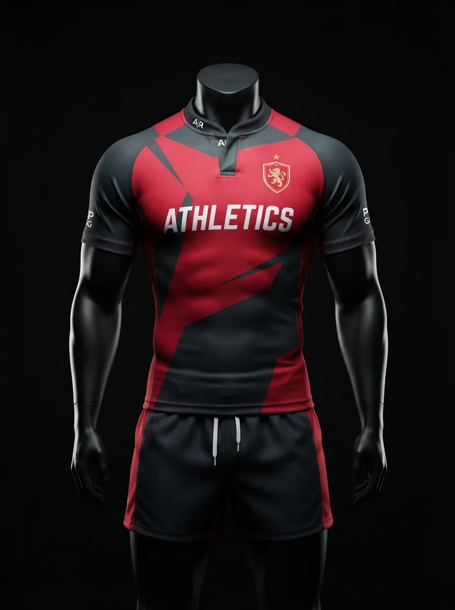 Red and Black custom rugby uniform jersey and shorts on a mannequin