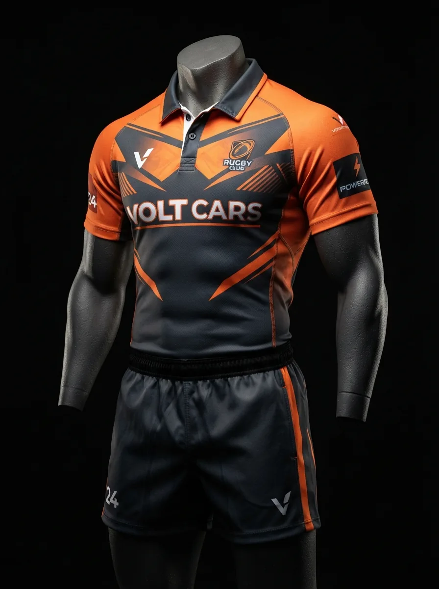 Tangerine Black custom rugby uniform jersey and shorts on a mannequin
